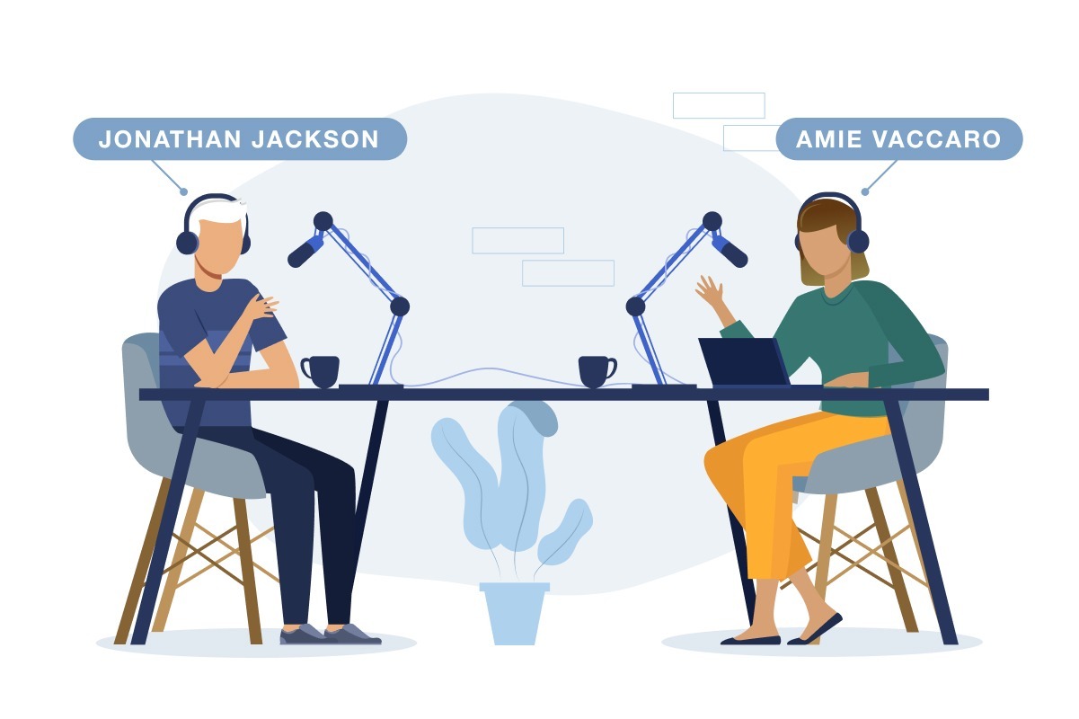 Podcast Cover Illustration of Jon and Amie recording a podcast